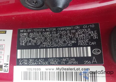 2010 Lexus Is z USA, uszkodzony, nr VIN JTHFE2C28A2503140